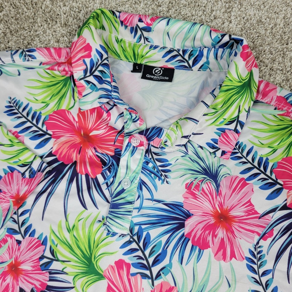 GreenSide Golf Mens Large White AOP Floral Performance Stretch Polo Short Sleeve